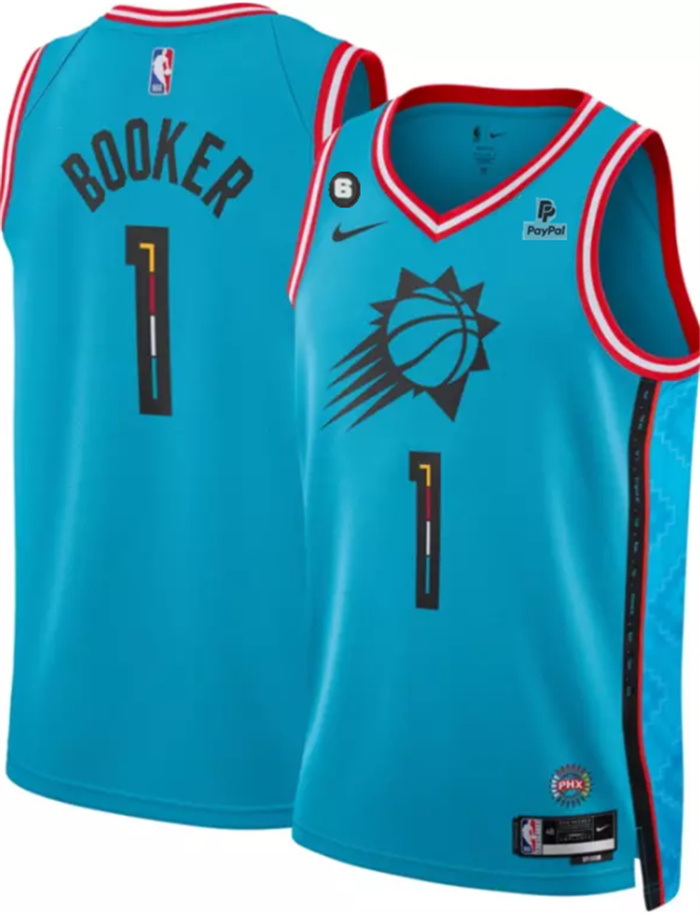 Men Phoenix Suns 1 Devin Booker Blue 2022 23 City Edition With NO 6 And Payple Patch Stitched Basket