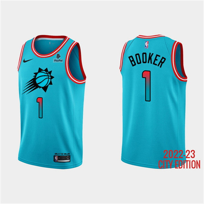 Men Phoenix Suns 1 Devin Booker Blue 2022 23 City Edition With Black Payple Logo Stitched Basketball