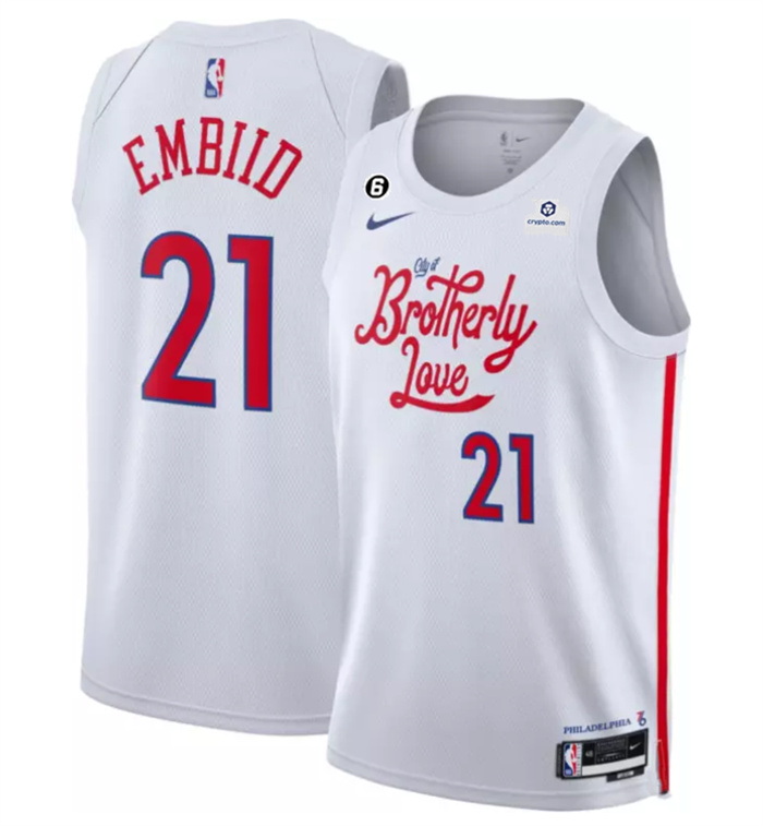 Men Philadelphia 76ers 21 Joel Embiid White 2022 23 City Edition With NO 6 Patch Stitched Basketball