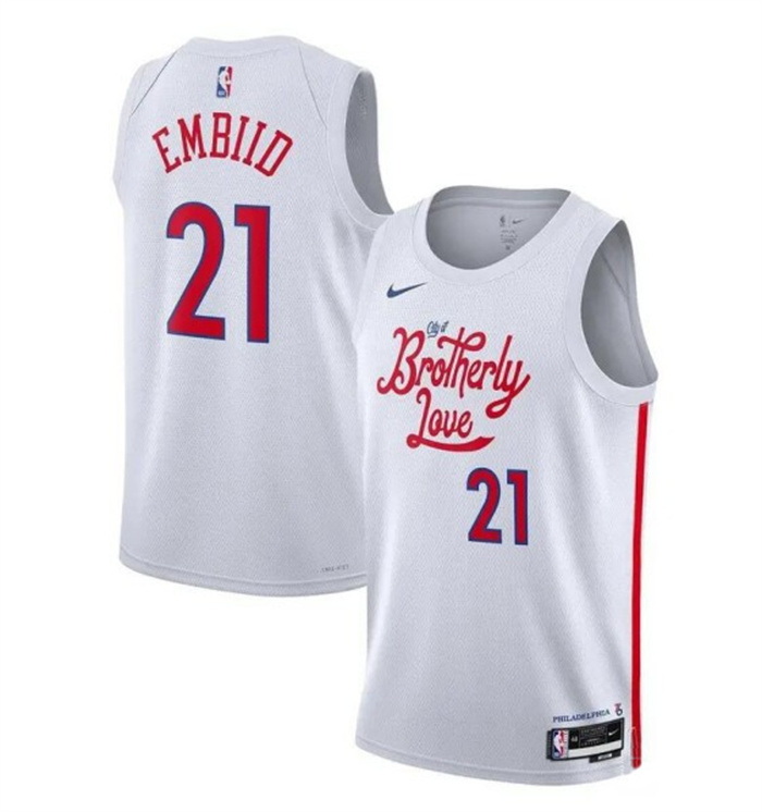 Men Philadelphia 76ers 21 Joel Embiid White 2022 23 City Edition Stitched Basketball Jersey