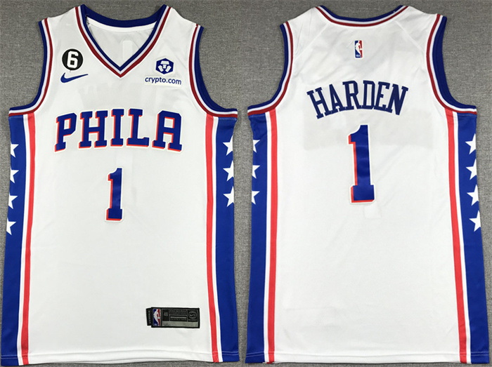 Men Philadelphia 76ers 1 James Harden White With NO 6 Patch Stitched Jersey