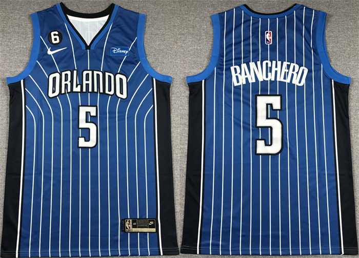 Men Orlando Magic 5 Paolo Banchero Blue With No 6 Patch Icon Edition Stitched Swingman Jersey