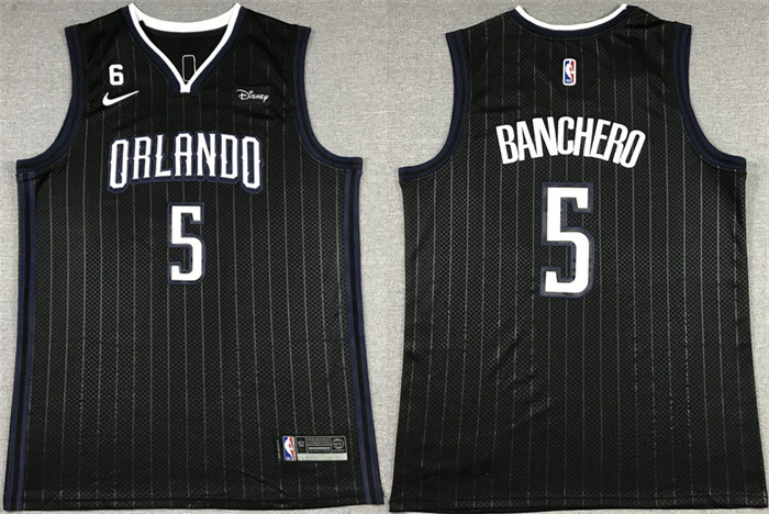 Men Orlando Magic 5 Paolo Banchero Black With No 6 Patch Icon Edition Stitched Swingman Jersey