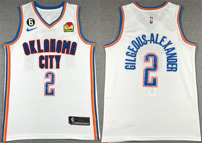 Men Oklahoma City Thunder 2 Shai Gilgeous Alexander White With NO 6 Patch Stitched Basketball Jersey