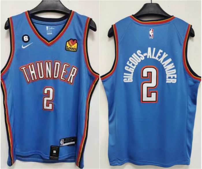 Men Oklahoma City Thunder 2 Shai Gilgeous Alexander Blue With NO 6 Patch Stitched Basketball Jersey