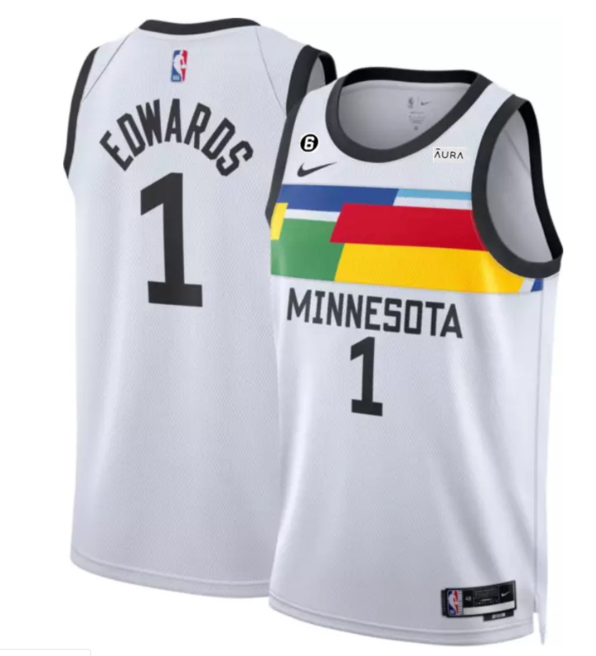 Men Minnesota Timberwolves 1 Anthony Edwards White 2022 23 City Edition With NO 6 Patch Stitched Jer