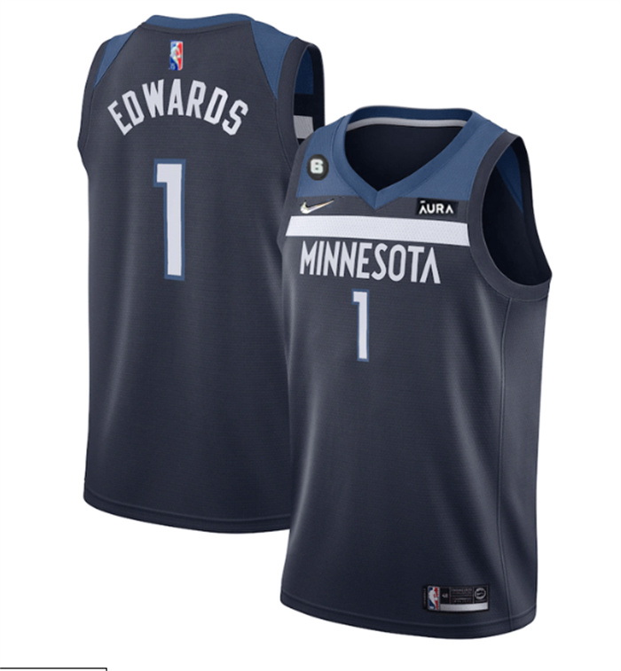 Men Minnesota Timberwolves 1 Anthony Edwards Navy Icon Edition With NO 6 Patch Swingman Stitched Jer