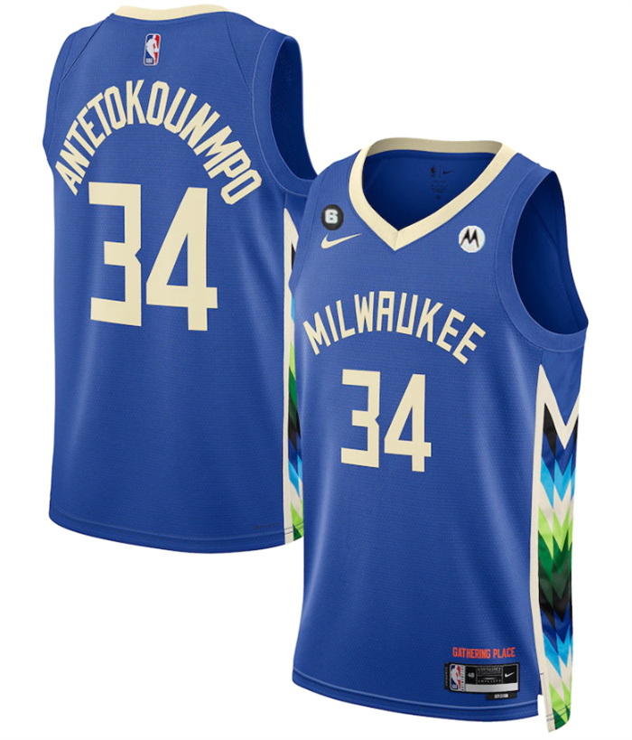 Men Milwaukee Bucks 34 Giannis Antetokounmpo Blue 2022 23 City Edition With NO 6 Patch Stitched Bask