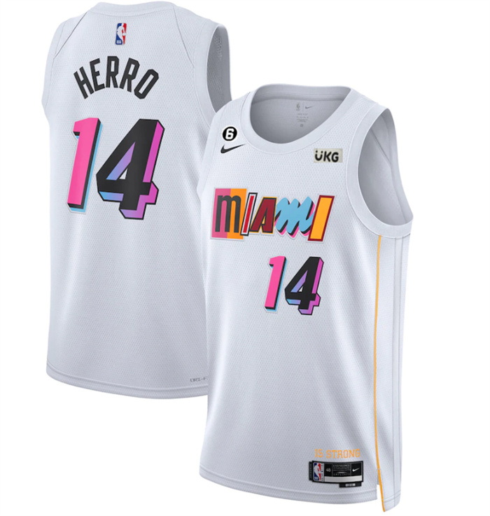 Men Miami Heat 14 Tyler Herro White 2022 23 City Edition With NO 6 Patch Stitched Jersey