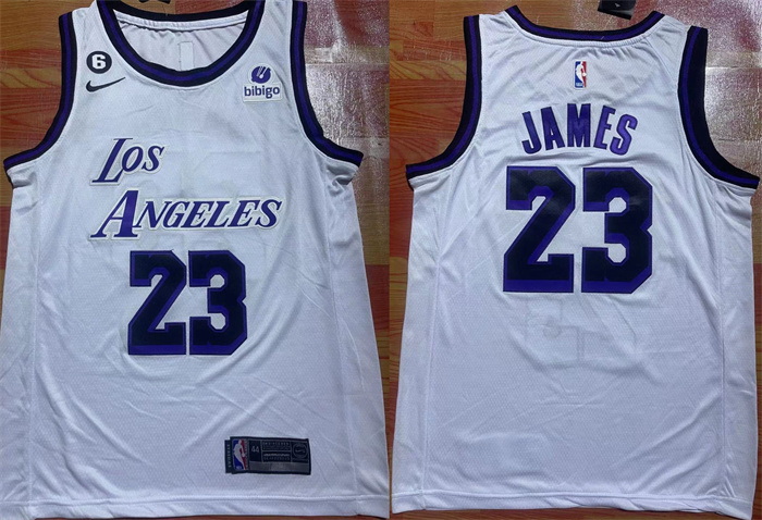 Men Los Angeles Lakers 23 LeBron James 2022 23 White With NO 6 Patch Stitched Basketball Jersey