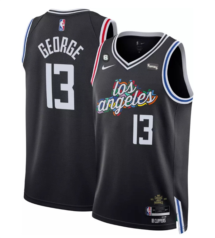 Men Los Angeles Clippers 13 Paul George Black 2022 23 City Edition With NO 6 Patch Stitched Jersey