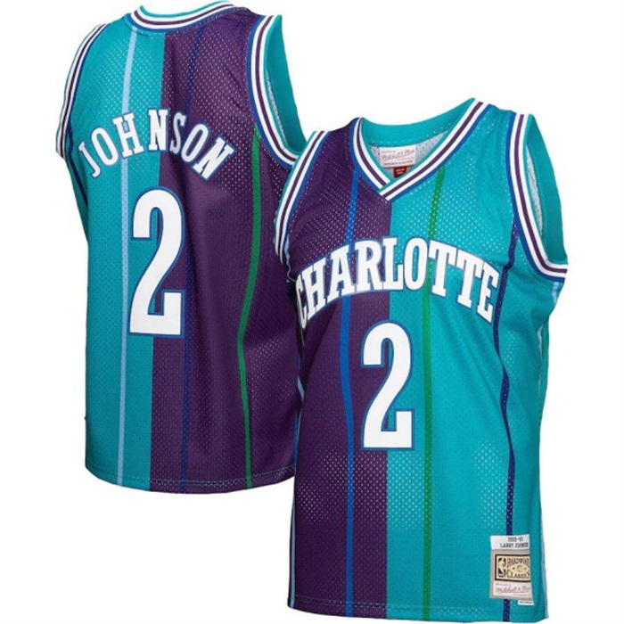 Men Charlotte Hornets 2 Larry Johnson Teal Purple Split 1992 93 Mitchell  26 Ness Swingman Stitched 