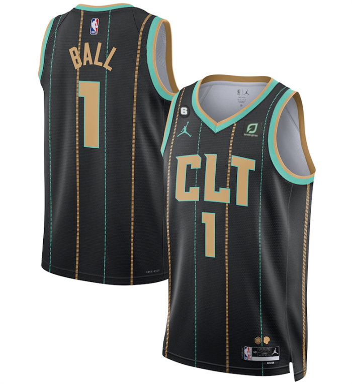 Men Charlotte Hornets 1 LaMelo Ball Black 2022 23 City Edition No 6 Patch Stitched Basketball Jersey