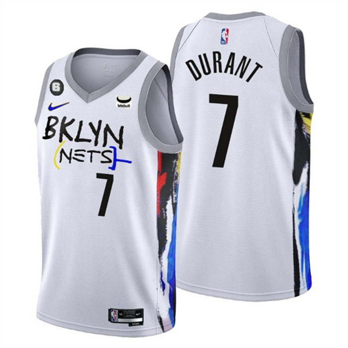 Men Brooklyn Nets 7 Kevin Durant White 2022 23 City Edition With NO 6 Patch Stitched Basketball Jers