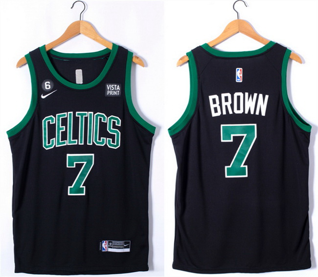 Men Boston Celtics 7 Jaylen Brown Black No 6 Patch Stitched Basketball Jersey