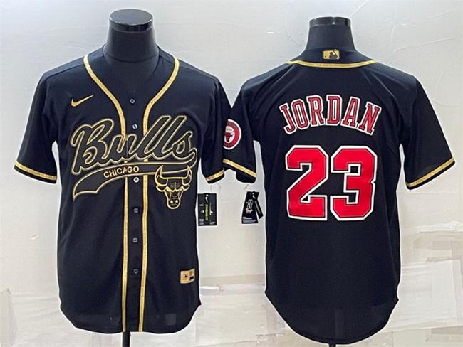 Men Chicago Bulls 23 Michael Jordan Black Gold With Patch Cool Base Stitched Baseball Jersey