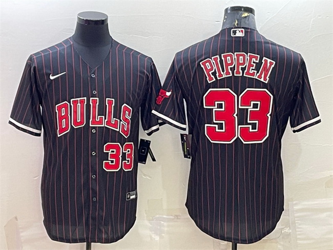 Men Chicago Bulls 33 Scottie Pippen Black Cool Base Stitched Baseball Jersey