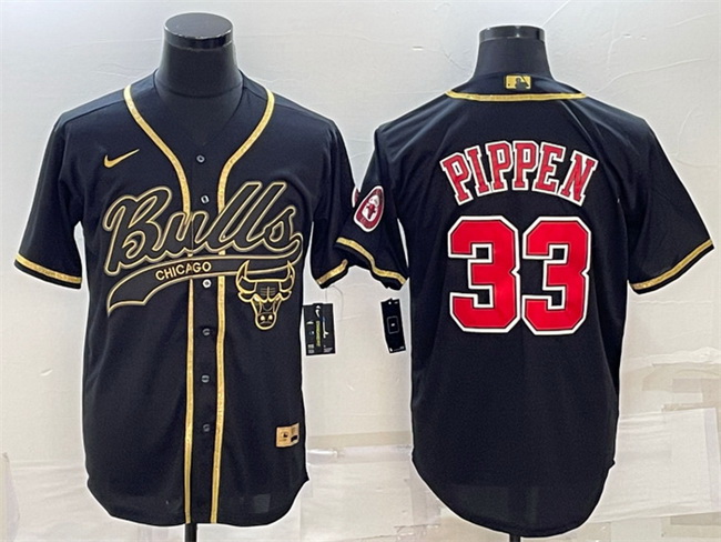 Men Chicago Bulls 33 Scottie Pippen Black Gold With Patch Cool Base Stitched Baseball Jersey