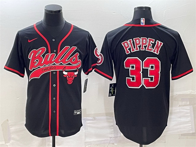 Men Chicago Bulls 33 Scottie Pippen Black With Patch Cool Base Stitched Baseball Jersey