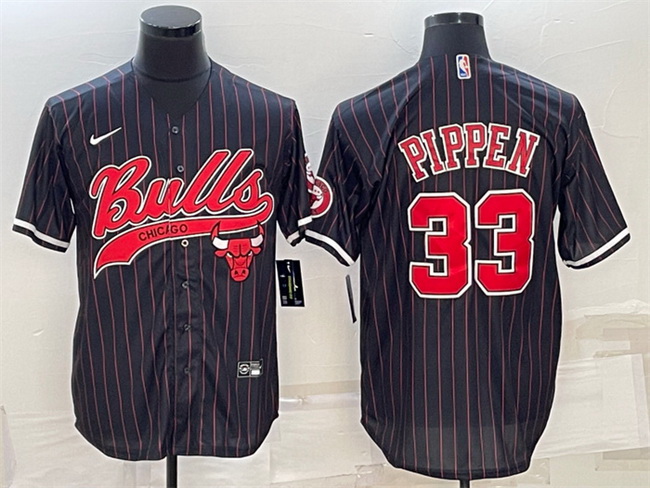 Men Chicago Bulls 33 Scottie Pippen Black With Patch Cool Base Stitched Baseball JerseyS