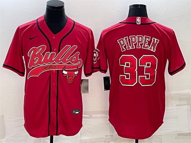 Men Chicago Bulls 33 Scottie Pippen Red With Patch Cool Base Stitched Baseball Jersey