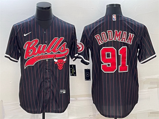 Men Chicago Bulls 91 Dennis Rodman Black Cool Base Stitched Baseball Jersey