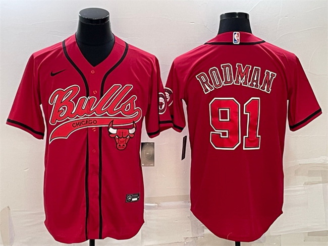 Men Chicago Bulls 91 Dennis Rodman Red With Patch Cool Base Stitched Baseball Jersey