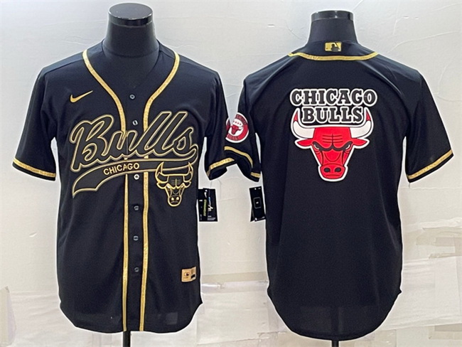 Men Chicago Bulls Black Gold Team Big Logo Cool Base Stitched Baseball Jersey