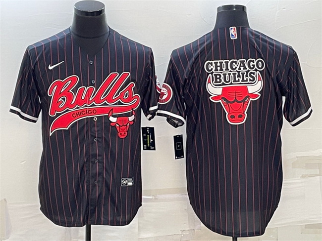 Men Chicago Bulls Black Team Big Logo Cool Base Stitched Baseball Jersey