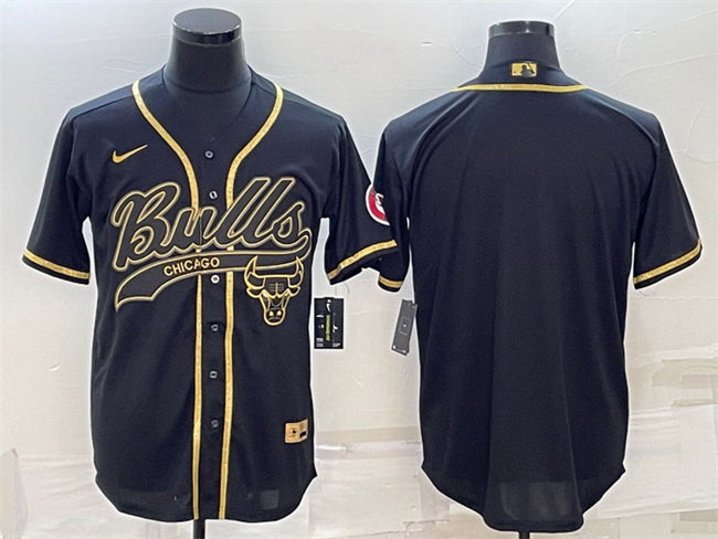 Men Chicago Bulls Blank Black Gold Cool Base Stitched Baseball Jersey