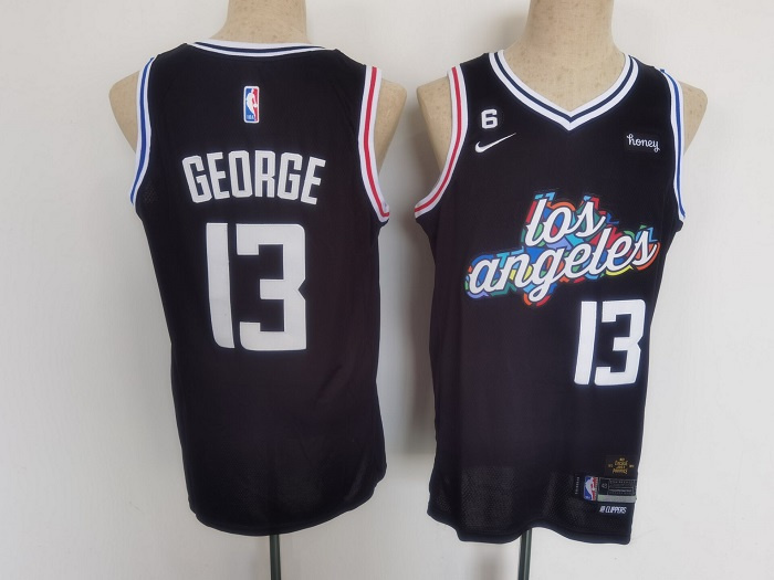 Youth Los Angeles Clippers 13 Paul George 2022 23 Black With No 6 Patch City Edition Stitched Basket