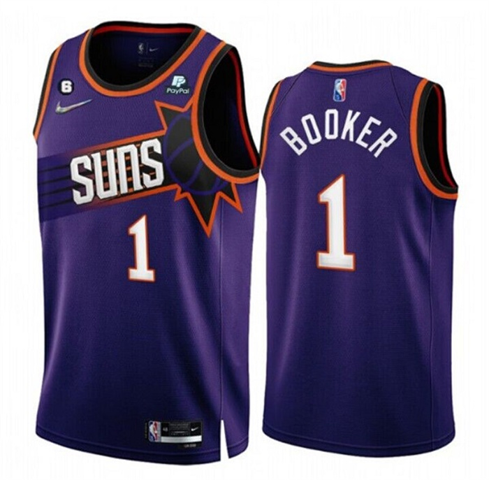 Men Phoenix Suns 1 Devin Booker 2022 23 Purple 75th Anniversary Icon Edition With NO 6 Patch Stitche