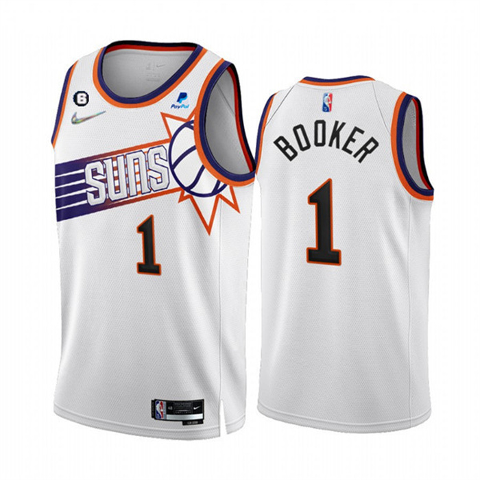 Men Phoenix Suns 1 Devin Booker 2022 23 White 75th Anniversary NO 6 Patch Association Edition Stitch