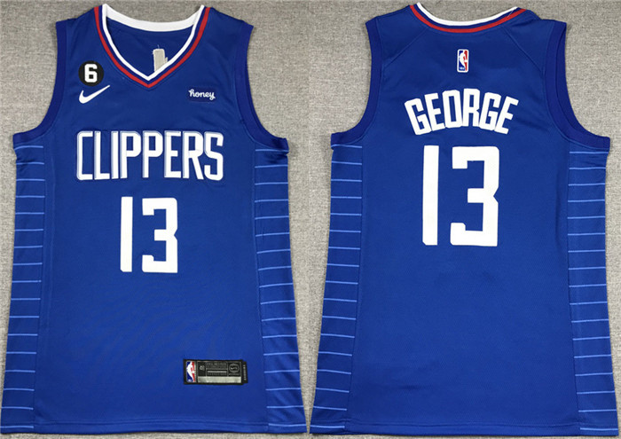 Men Los Angeles Clippers 13 Paul George Royal With NO 6 Patch Stitched Jersey