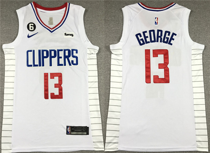 Men Los Angeles Clippers 13 Paul George White With NO 6 Patch Stitched Jersey