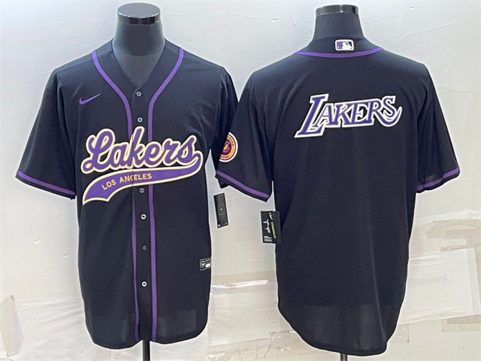 Men Los Angeles Lakers Black Big Logo Cool Base Stitched Baseball Jersey