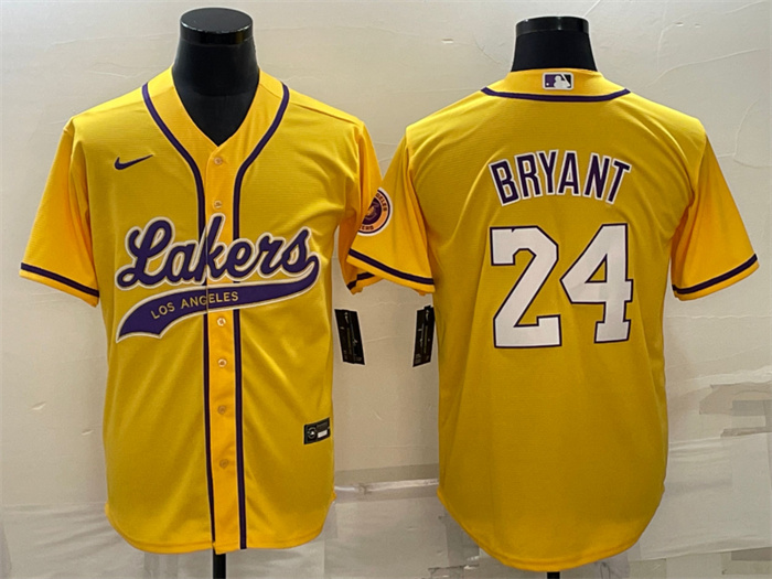 Men Los Angeles Lakers 24 Kobe Bryant Yellow Cool Base Stitched Baseball Jersey