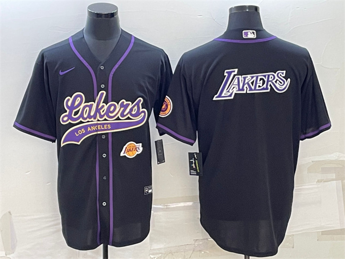 Men Los Angeles Lakers Black Big Logo With Patch Cool Base Stitched Baseball Jersey