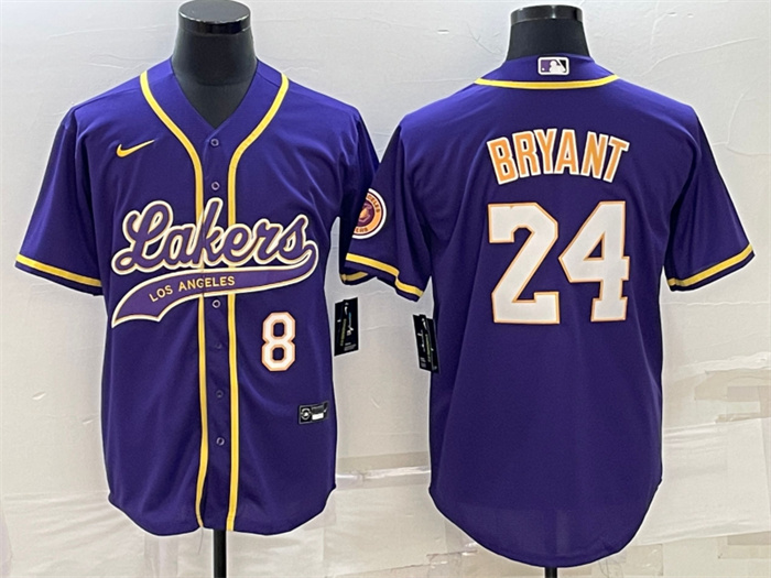 Men Los Angeles Lakers Front 8 Back 24 Kobe Bryant Purple Cool Base Stitched Baseball Jersey