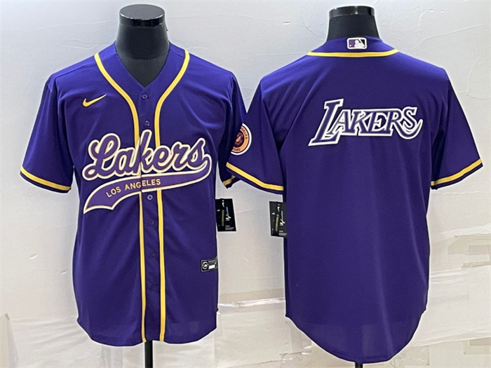 Men Los Angeles Lakers Purple Big Logo Cool Base Stitched Baseball Jersey