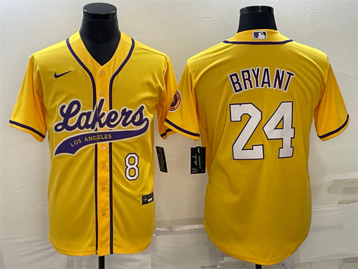 Men Los Angeles Lakers Front 8 Back 24 Kobe Bryant Yellow Cool Base Stitched Baseball Jersey