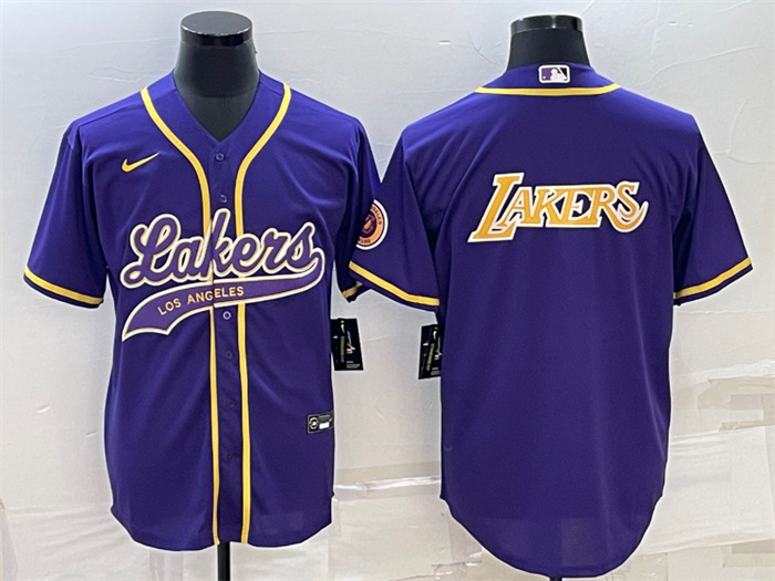 Men Los Angeles Lakers Purple Big Logo Cool Base Stitched Baseball JerseyS