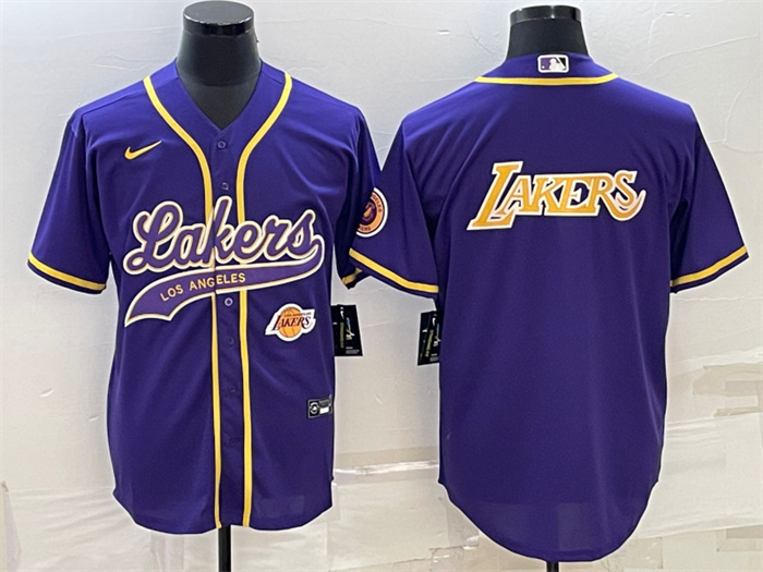 Men Los Angeles Lakers Purple Big Logo With Patch Cool Base Stitched Baseball JerseyS