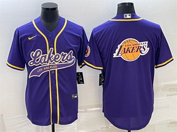 Men Los Angeles Lakers Purple Team Big Logo Cool Base Stitched Baseball Jersey