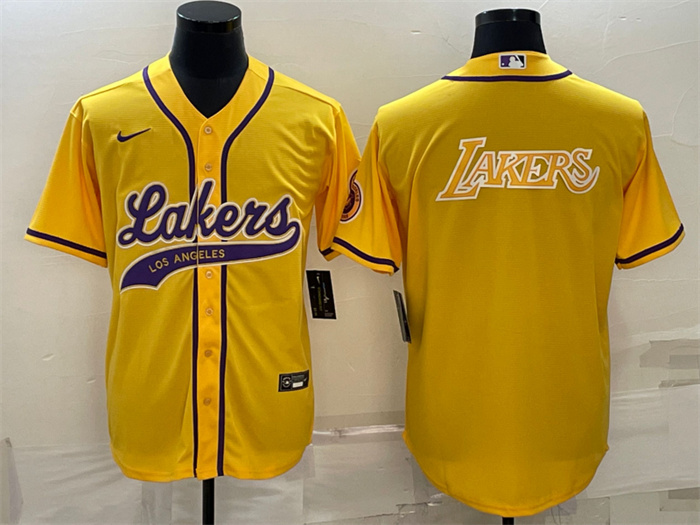 Men Los Angeles Lakers Yellow Big Logo Cool Base Stitched Baseball Jersey