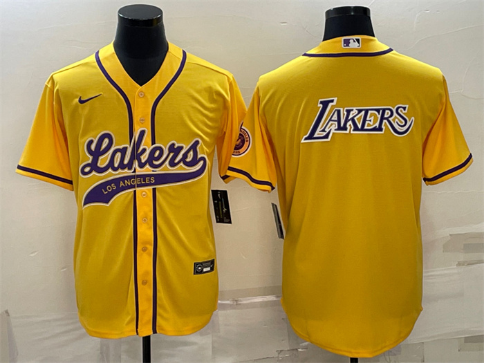 Men Los Angeles Lakers Yellow Big Logo Cool Base Stitched Baseball JerseyS