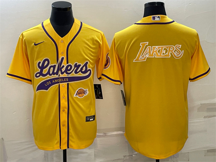 Men Los Angeles Lakers Yellow Big Logo With Patch Cool Base Stitched Baseball Jersey