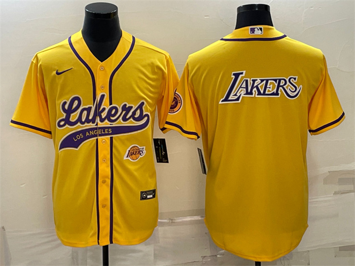 Men Los Angeles Lakers Yellow Big Logo With Patch Cool Base Stitched Baseball JerseyS