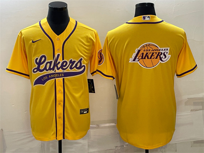 Men Los Angeles Lakers Yellow Team Big Logo Cool Base Stitched Baseball Jersey