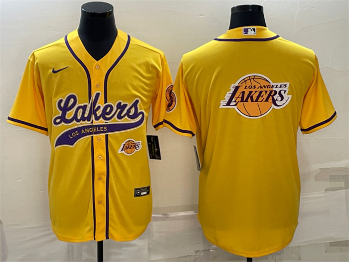 Men Los Angeles Lakers Yellow Team Big Logo With Patch Cool Base Stitched Baseball Jersey